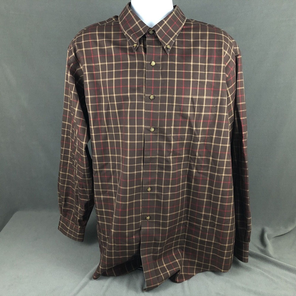 Brooks Brothers Button Down Shirt XL Non Iron‎ Long Sleeve Brown Plaid Mens